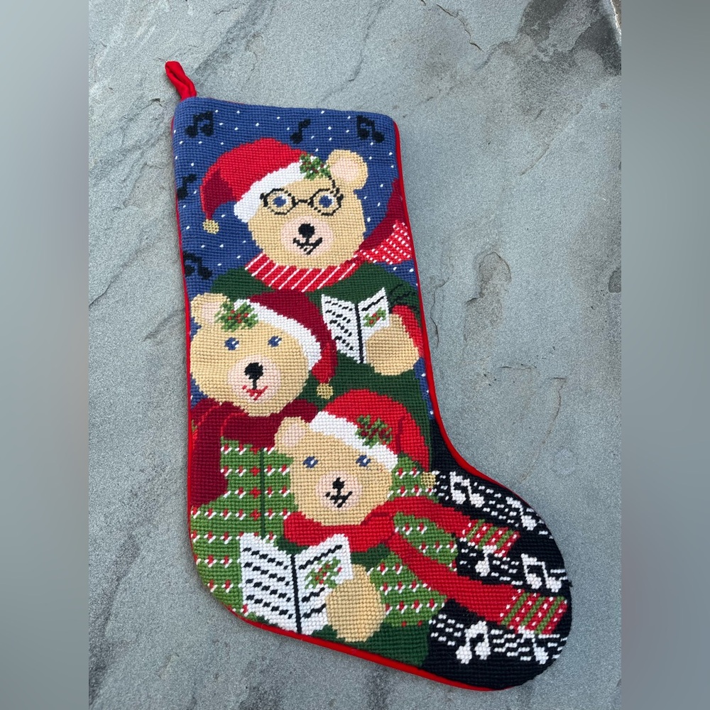 Christmas Needlepoint Teddy Bear Stocking 20”